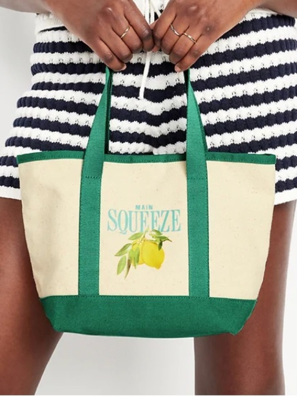 Old Navy Cream Canvas Tote with Green Trim and Lemon Graphic